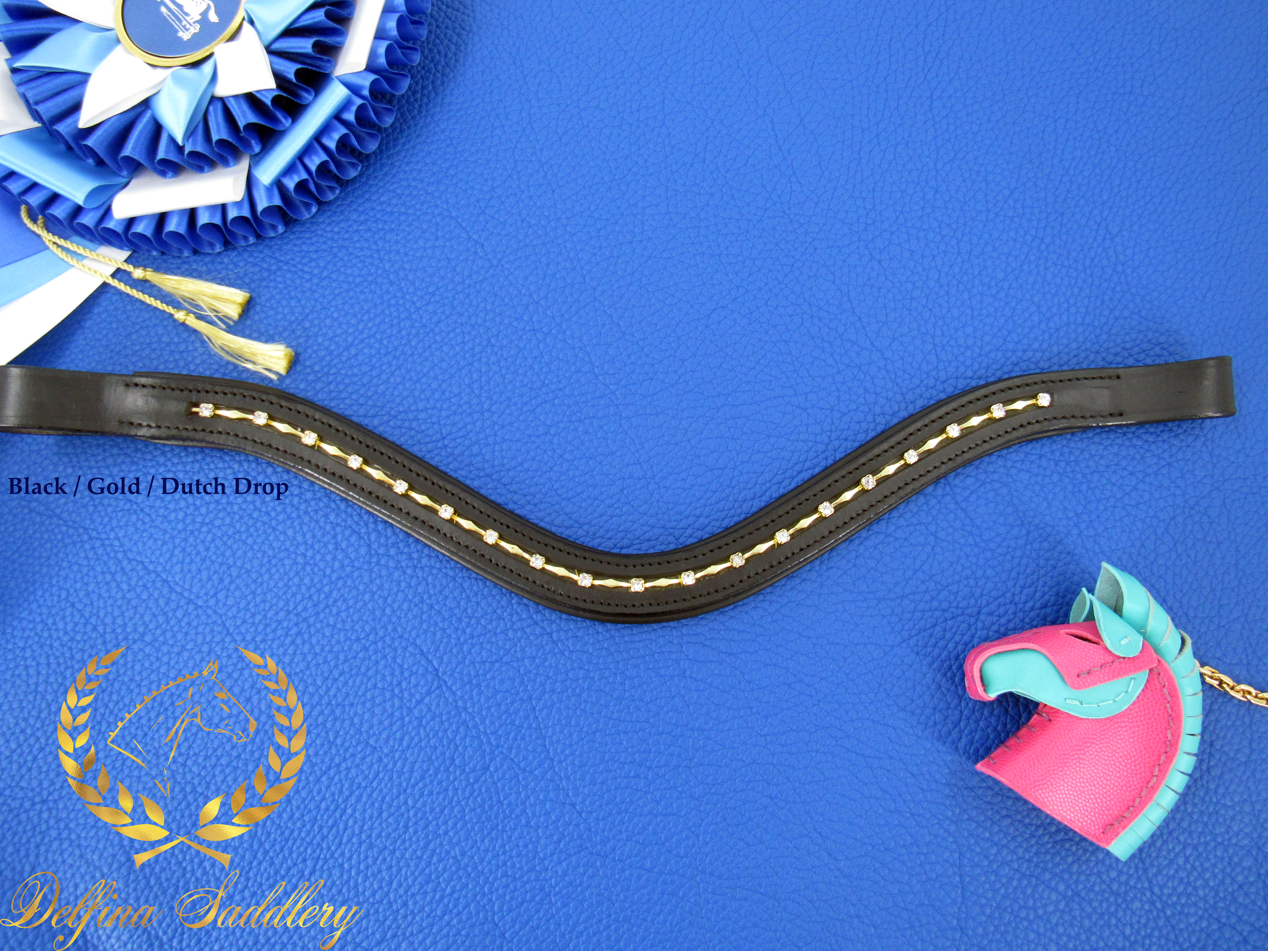 Delfina's Aachen browband in black leather with gold wire in a Dutch Drop base