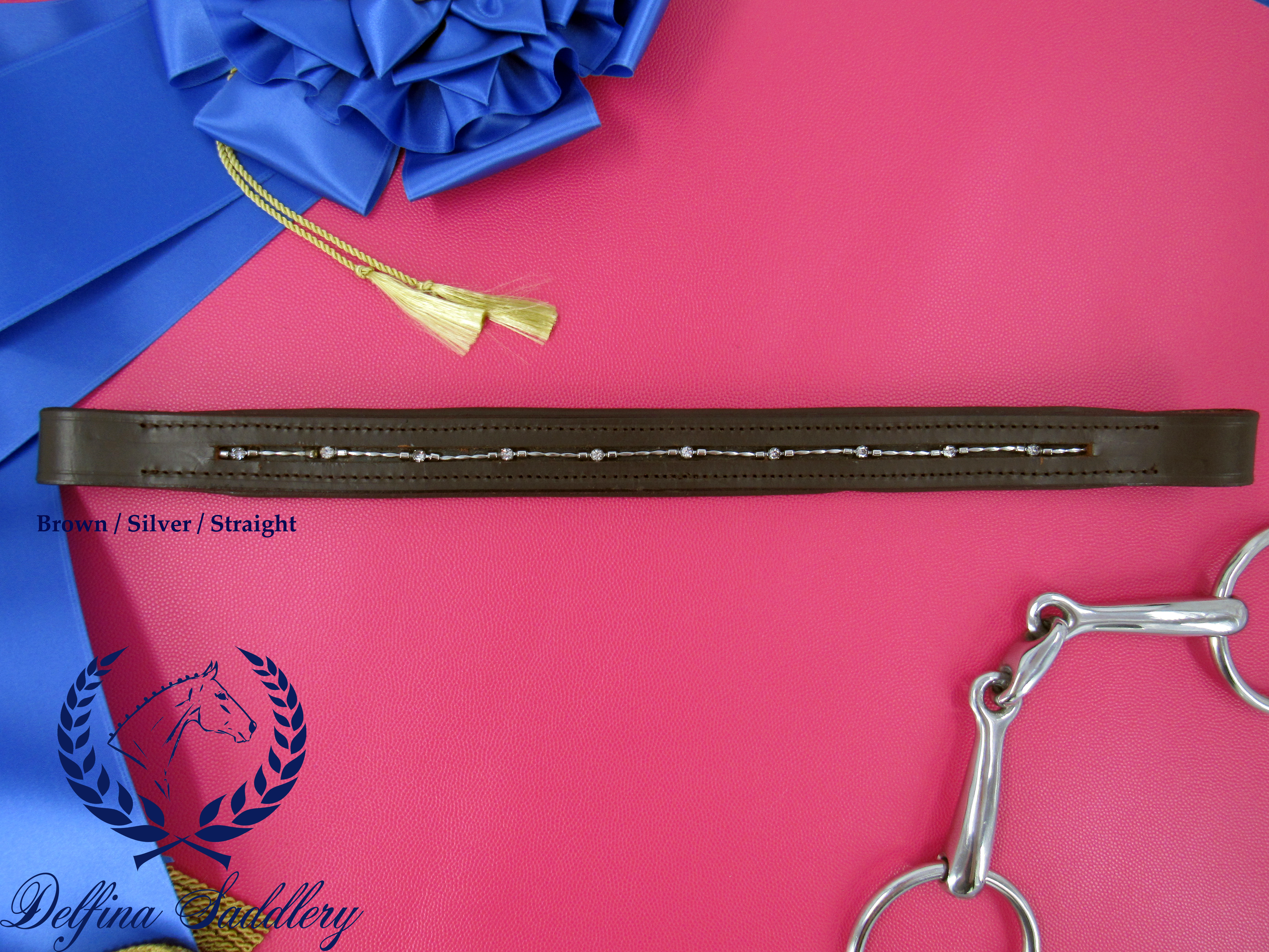 Delfina's Aachen browband in brown leather with silver wire in a straight base