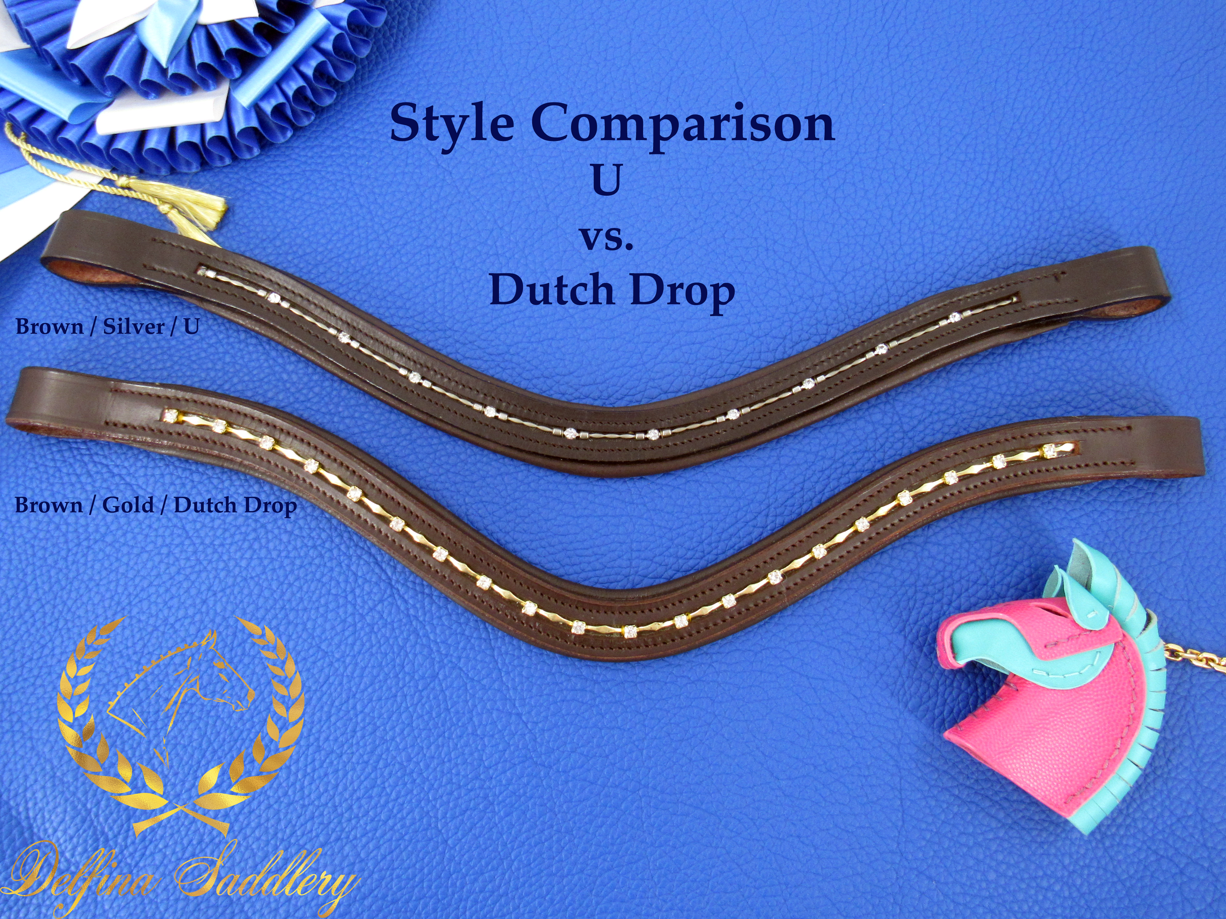 A comparison of Delfina's Aachen browband U and Dutch Drop styles.