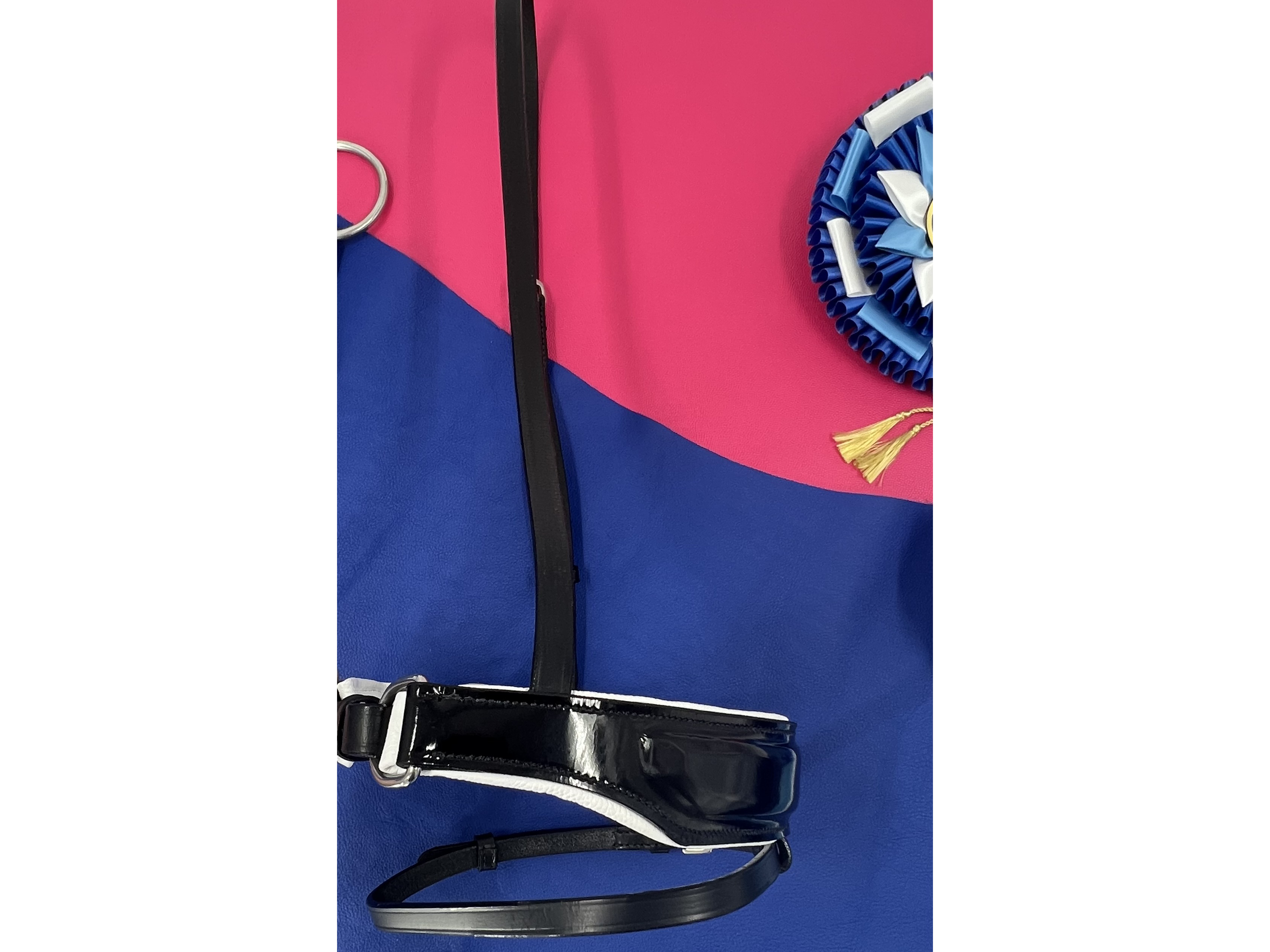 Wide, Patent Leather Anatomical Crank Noseband with White Padding