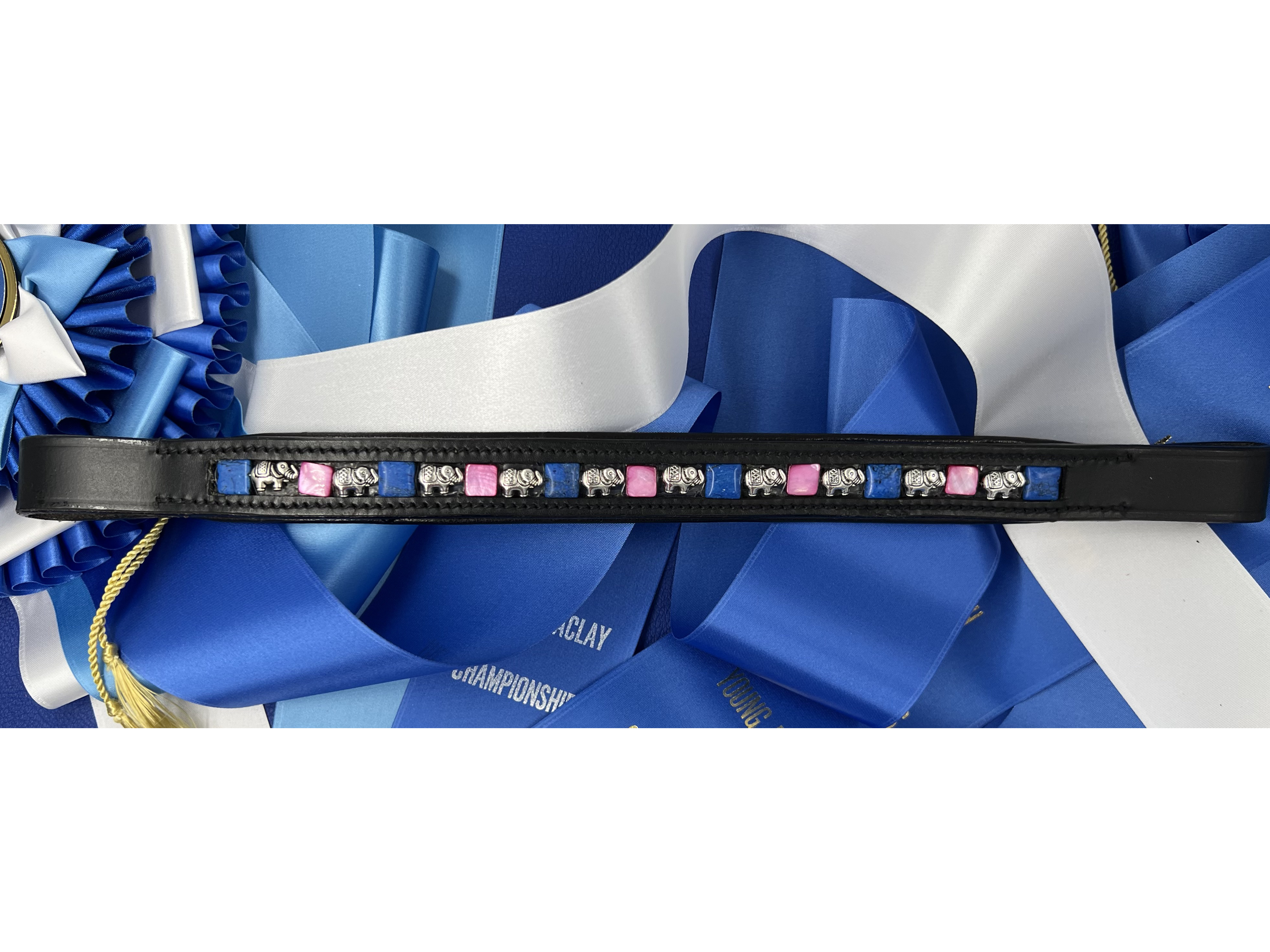 Blue and Pink Stones with Silver Elephants on a custom horse browband, black leather, straight style
