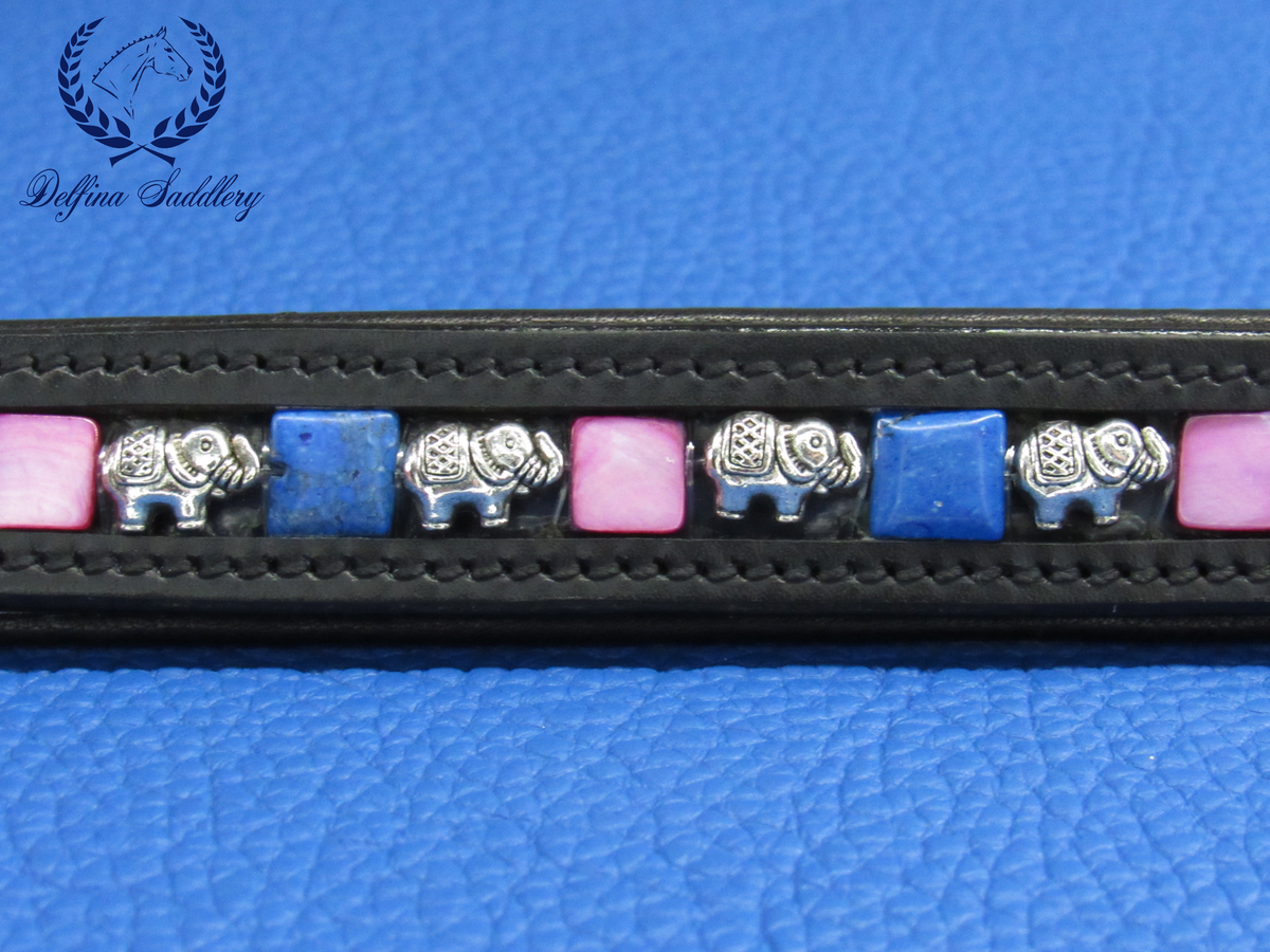 Blue and Pink Stones with Silver Elephants on a custom horse browband, black leather, straight style
