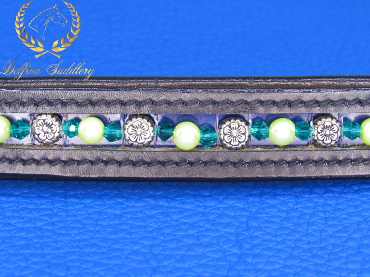 Green swarovski crystal rondelles with silver flower beads and round citron beads on a custom horse browband for english bridle straight style