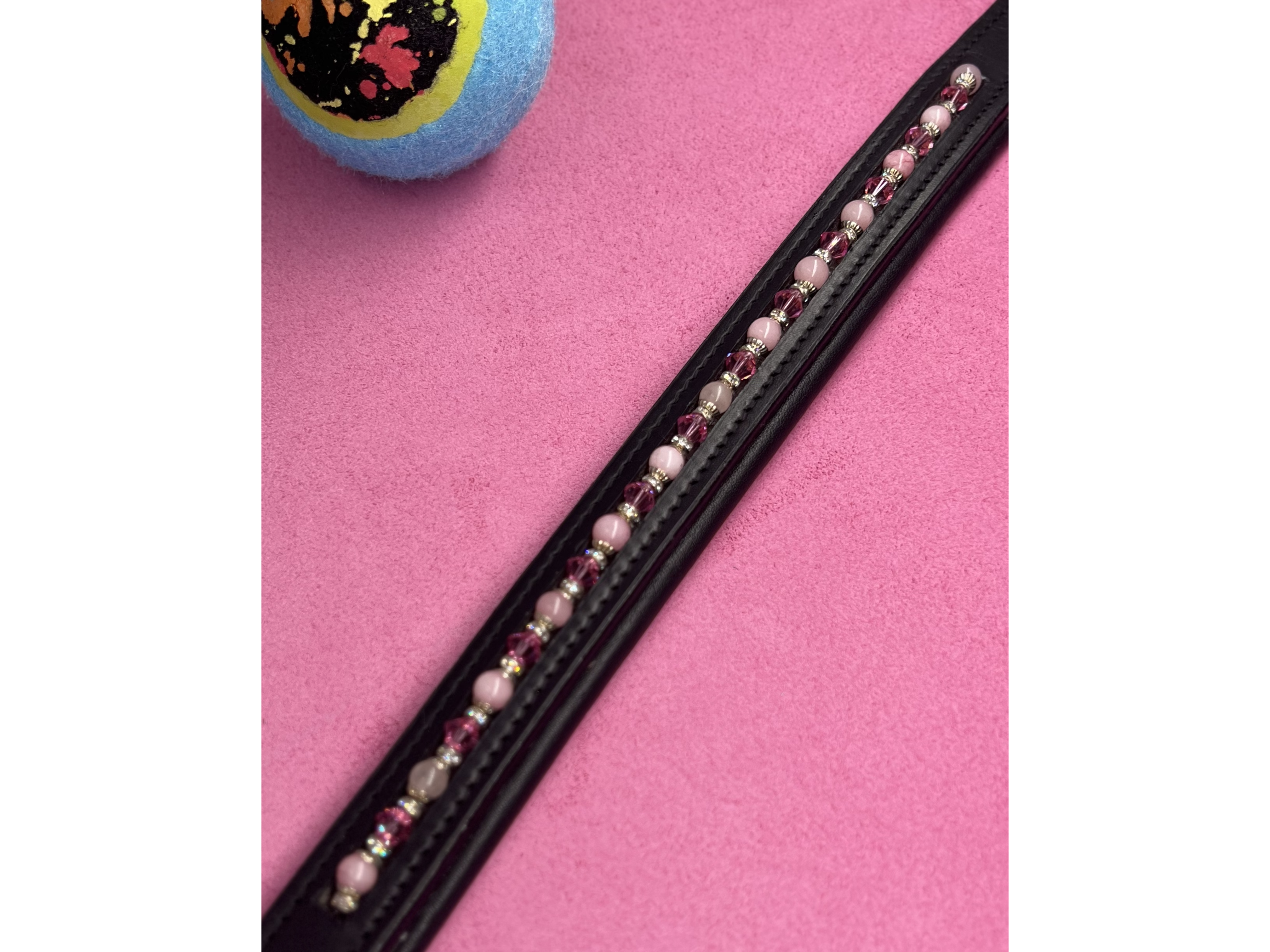 Custom Collar : Pink Jade and Austrian Crystal in Vegan Leather - Large