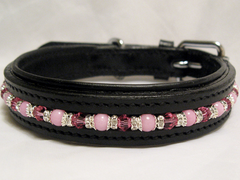 Custom Collar : Pink Jade and Austrian Crystal in Vegan Leather - Large