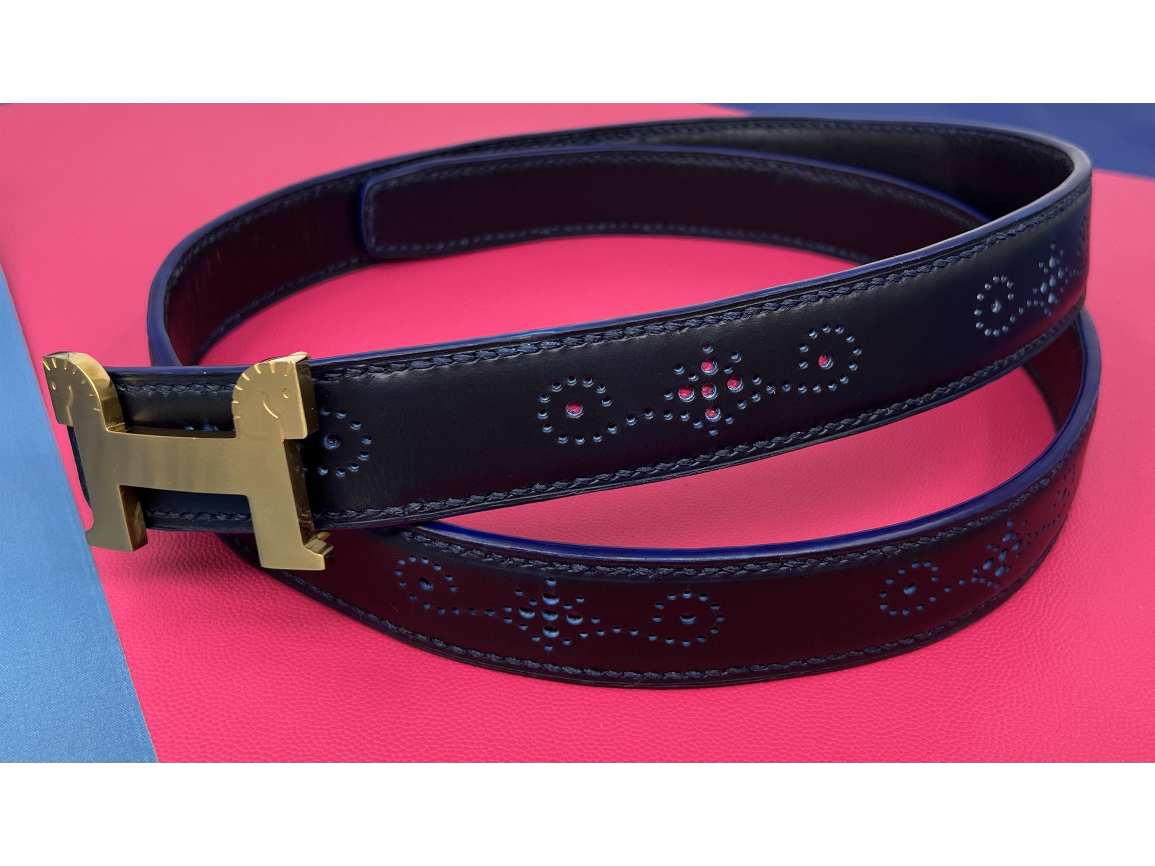 Custom belt made of ink blue horween leather and pink chanel caviar with brogue detailing