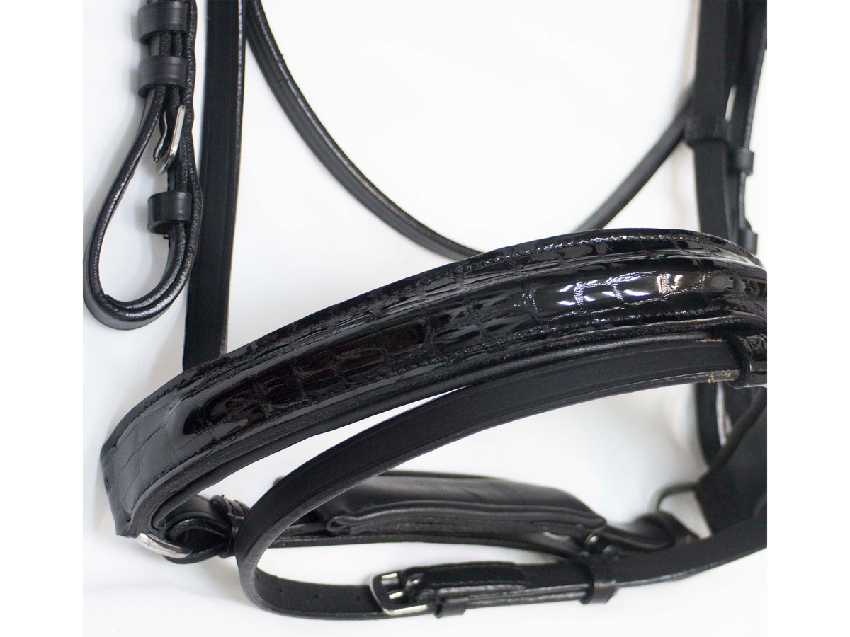 Delfina Lamplight Dressage Bridle - Black, Glossy, Patent, Croc Leather