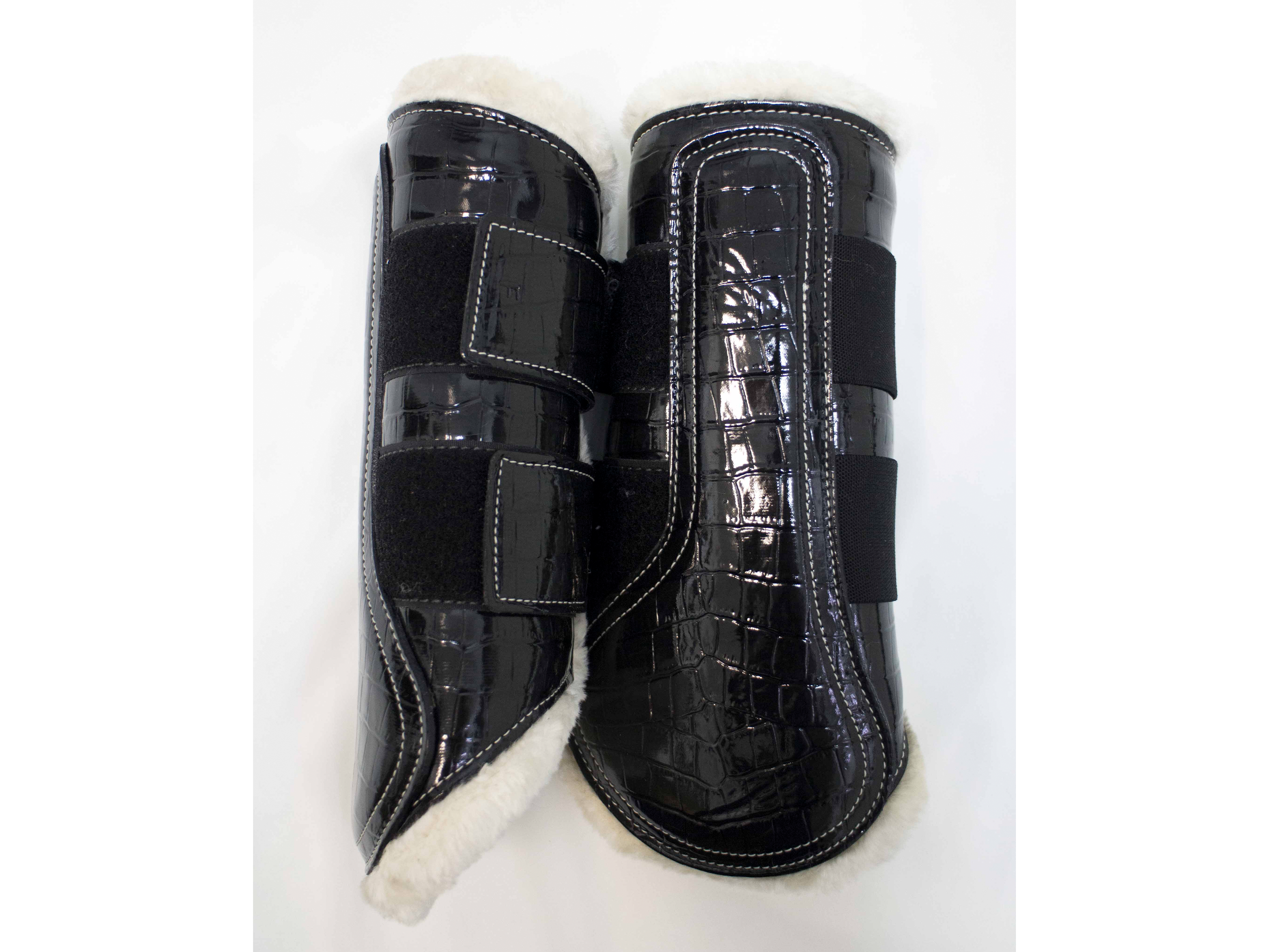 Delfina Lamplight Boots : Glossy, Patent Leather Crocodile Splint Boots with Crystal Accents