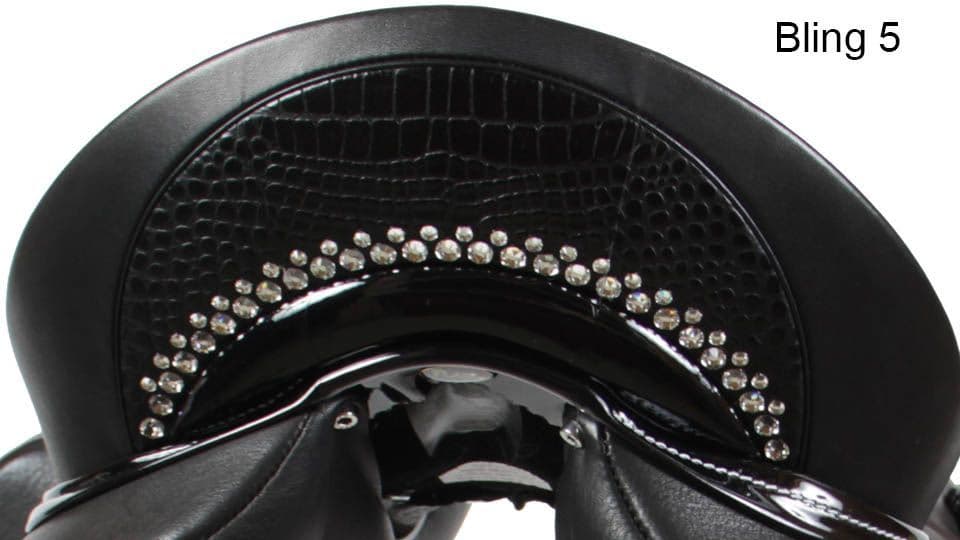 WOW Saddle's bling V 5 option of genuine swarovski crystals inlaid around the cantle plate for custom english riding saddles dressage