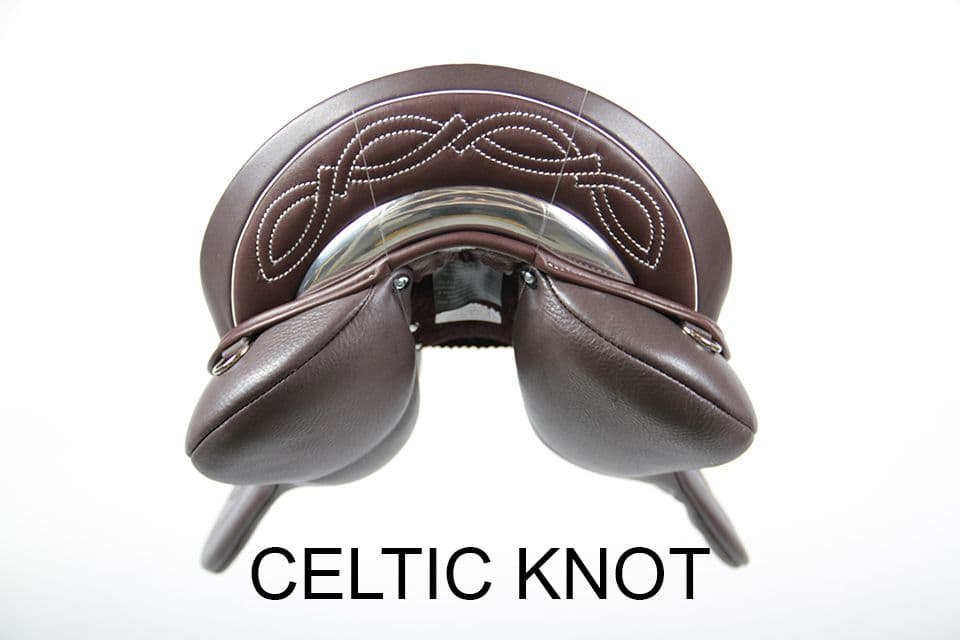WOW Saddle's Celtic Knot option stitched into the cantle infill custom english riding saddles dressage