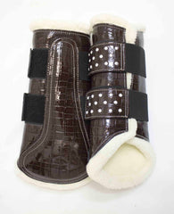 Delfina Lamplight Boots : Glossy, Patent Leather Crocodile Splint Boots with Crystal Accents